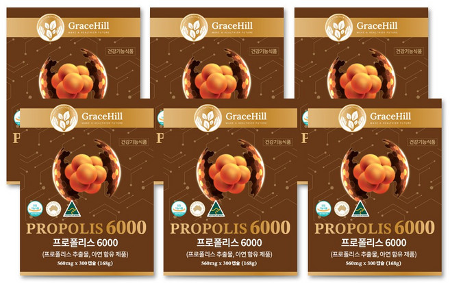 그레이스힐 프리미엄 호주 유칼립투스 프로폴리스 6000 300캡슐, 6개, 300정