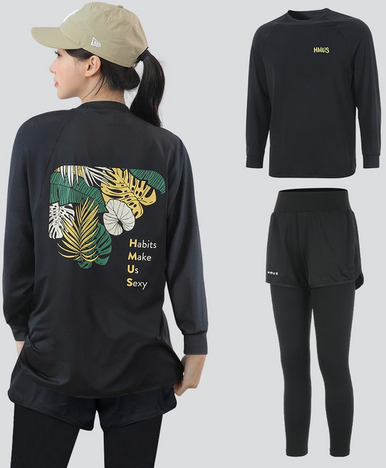 여자 루즈핏 긴팔 래쉬가드 상의 + 반바지 레깅스 하의 팬츠 세트 비치웨어 체형커버 자외선차단 휴양지 바캉스룩(11+159)