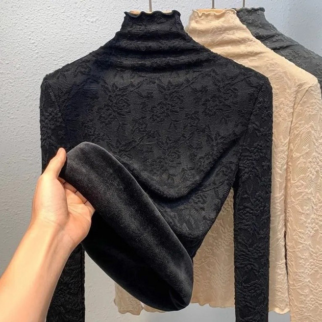 [쉬즈본] 이건폴라티/여성 레이스 포인트 목폴라 티셔츠 긴팔 상의