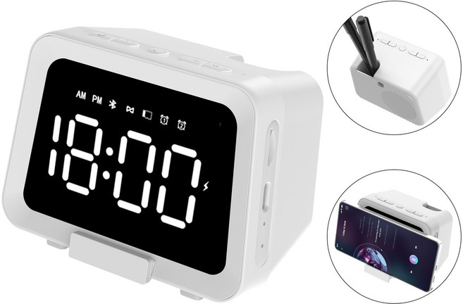 RUNHome 무선충전 블루투스 스피커 LED 시계 알람 휴대용 미니, 화이트, G9