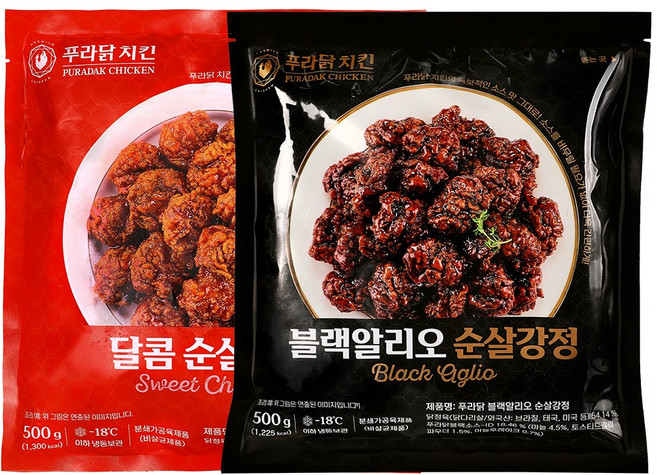[무료배송/당일출고] 푸라닭 닭다리살 순살 닭강정 2종 혼합 (블랙알리오+달콤양념), 2개, 500g