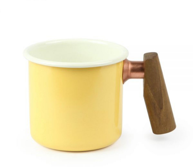 Truvii 雙色木柄琺瑯杯 400ml 馬克杯 茶杯 咖啡杯, 奶油黃, 1個