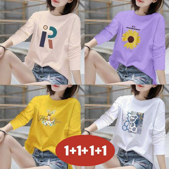 오스틱니 (완전 편한) 100kg까지 1+1+1+1 여성 프린트 라운드넥 긴팔 티셔츠 봄가을 추천 빅사이즈 캐릭터 프린팅 홈웨어 학생복 중년 큰옷 여성의류 여자 긴팔 티 4종 세트