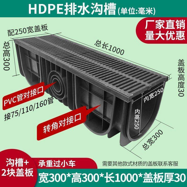 HDPE排水溝U型槽 1000mm 長 附不鏽鋼蓋板, 1個, 300*1000*30