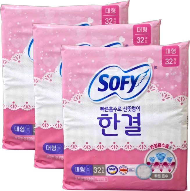 쏘피 한결 생리대 오버나이트, 대형, 32개입, 3개