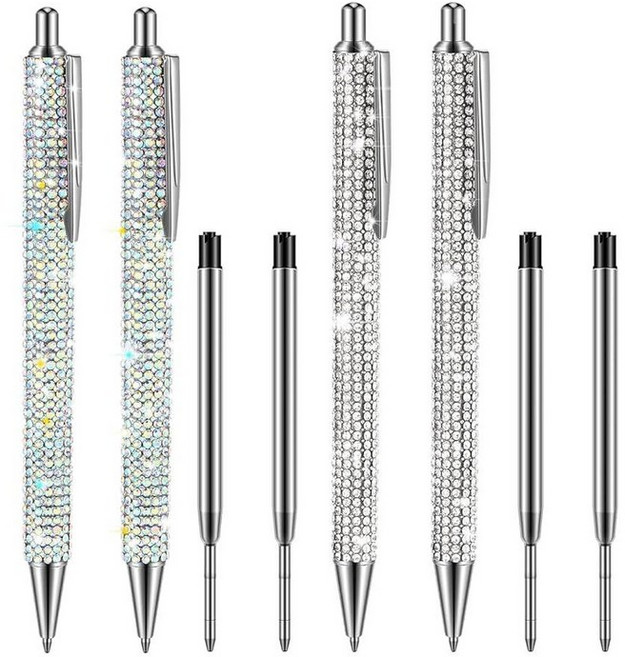 여성용 반짝이는 라인스톤 반짝이는 펜 4개 귀엽고 반짝이는 예쁜 글리터 펜 금속 볼펜 눈부신 팬시 펜 4개 1.0mm 리필 4개 사무실 학교 용품 선물용(실버+Ab 실버, 다채로운 색상