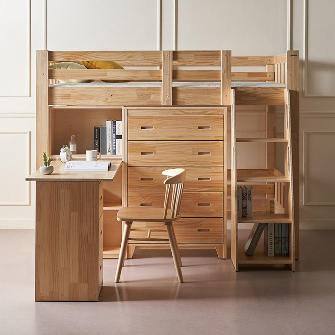 [에보니아] 플로 원목 벙커침대 싱글/슈퍼싱글 (책상 책장 서랍장 옵션선택), S_메모리폼7T+책상세트+서랍장5단
