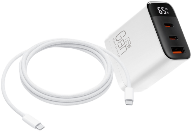 MANY 65W 氮化鎵數顯快充組, 1套, 65w數顯快充頭+2M原廠編織線(雙C), 白色