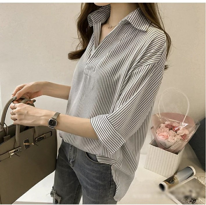 shiny藍格子 慵懶休閒V領寬鬆顯瘦七分袖襯衫上衣