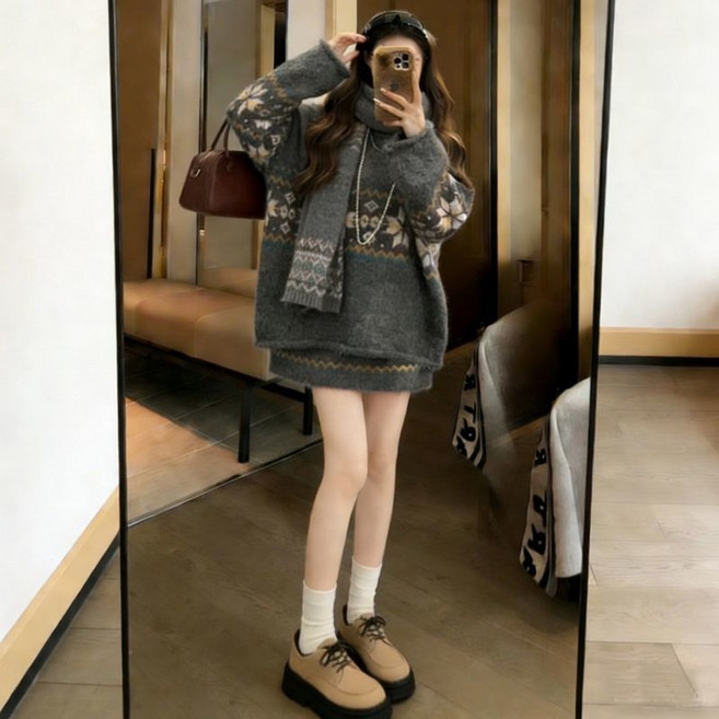 임산부 겨울 스커트 세트 가을 겨울 빈티지 패턴 따뜻한 롱소매 스웨터 + 미니 치마 세트 JS