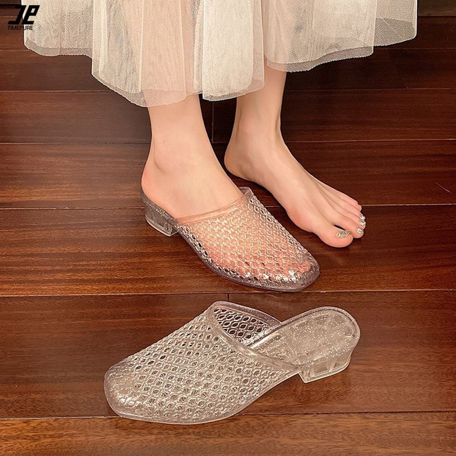 타임퓨어 여성 여름 샌들 4cm 로우힐 뮬 슬리퍼 샌들 여름 샌들 여자 웨지 젤리 샌들 블록 힐 할로우 젤리 샌들