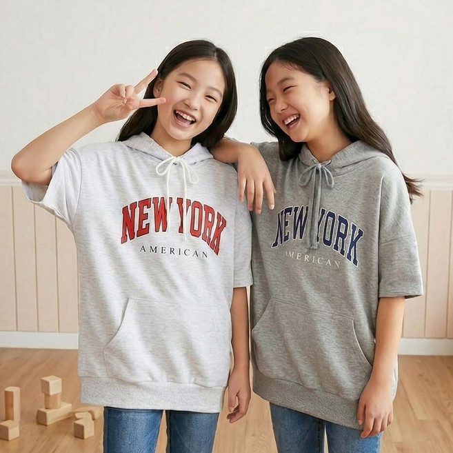 말괄량이 주니어 반팔후드티 10대의류 남녀공용 반팔티