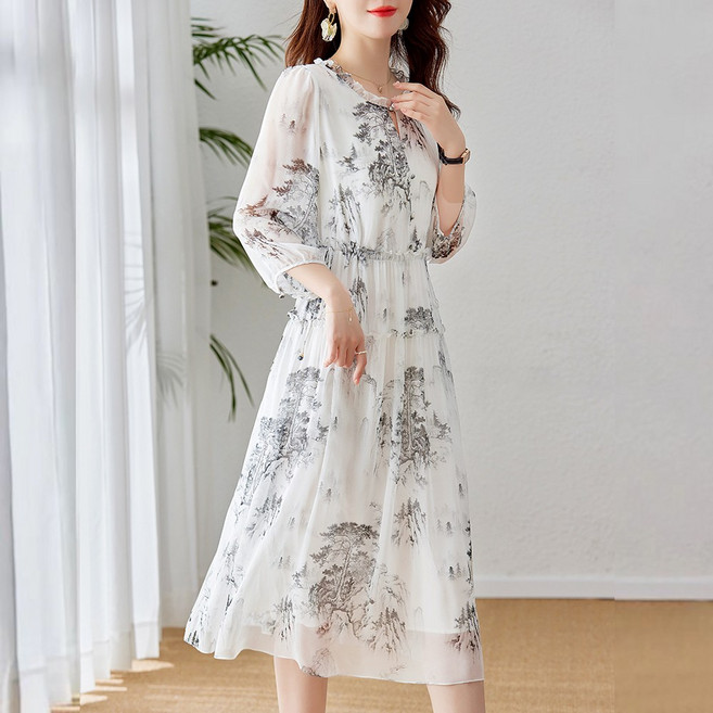 ROYALBELLE 여성 고급 우아한 7부소매 쉬폰 미디원피스 빅사이즈 라운드넥 루즈핏 꽃무늬 치마 Y071010