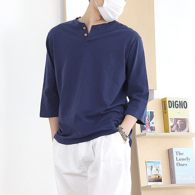 남자 7부 헨리넥 반팔 티셔츠