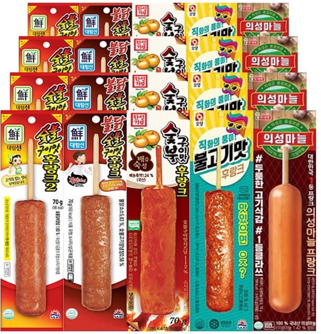 편의점 핫바 소시지 숯불구이맛4+불닭숯불구이맛4+배즙후랑크4+불고기맛후랑크4+의성마늘프랑크4 총 20개, 70g