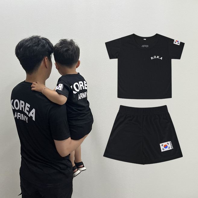 키즈 쿨론 ROKA 반팔+반바지 세트 국산 아동용 로카티 어린이 군인가족사진 유치원