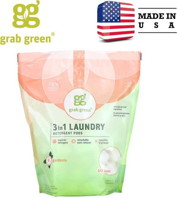 Grab Green 3-in-1 세탁 세제 포드 치자 60회분 1 080g (2lbs 6oz), 1개