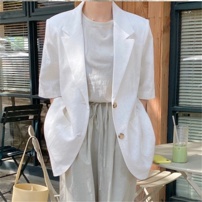 ANYOU 린넨자켓 리넨 코트 반팔 여름 여자 린넨 자켓 오버핏 얇 상의