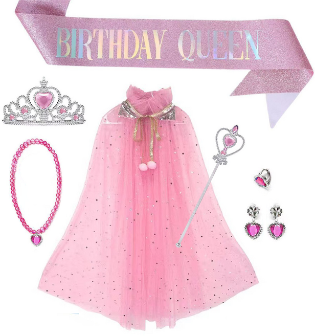 [청춘교복] 공주 생일 파티 용품 5종세트+망토+어깨띠 축하 코스프레 연말 선물 소품 프린세스 코스튬 주얼리 왕관 요술봉 목걸이 액세사리, 1개, 연핑크-벌스데이퀸