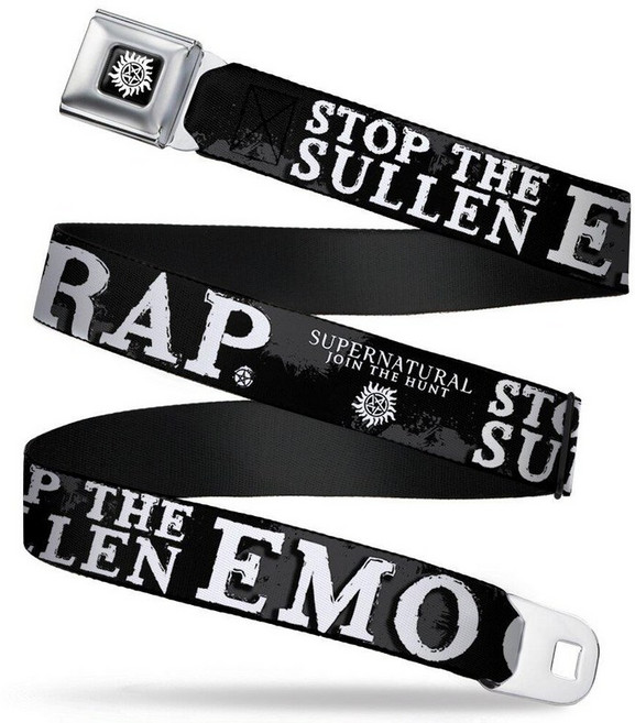 Buckle-Down 안전벨트 - SUPERNATURAL STOP THE SULLEN EMO CRAP 블랙/그레이/화이트 너비 2.5cm(1인치) 길이 50.8-91.4cm(2