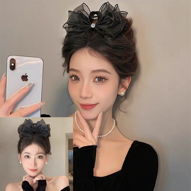 고정 쉬폰 3단 리본 올림머리 반머리 헤어 집게핀