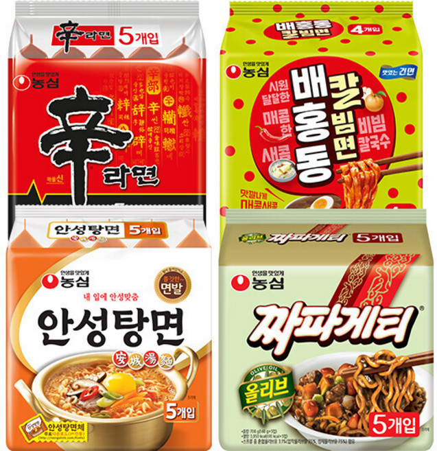 신라면 5입+안성탕면 5입+짜파게티 5입+배홍동 칼빔면 4입 (총 19봉)