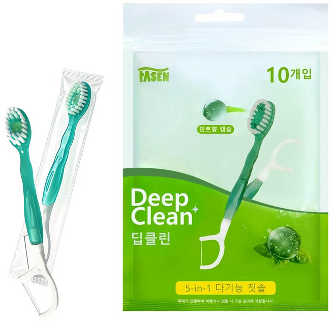연화삼월 일회용 칫솔 물없이 사용하는 미니칫솔 퀵클린 민트향 개별포장 치실 혀클리너 이쑤시개 분리형 호텔 치솔 미세모 칫솔, 1개, 10개입