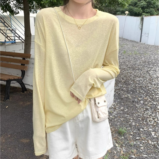 예쁨시전 라운드넥 꾸안꾸 자외선차단 얇은 긴팔 티셔츠