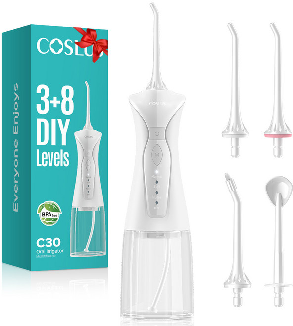 코슬루스 3+8 모드 무선 구강세정기 IPX7 급방수 + 4개노즐팁, 화이트