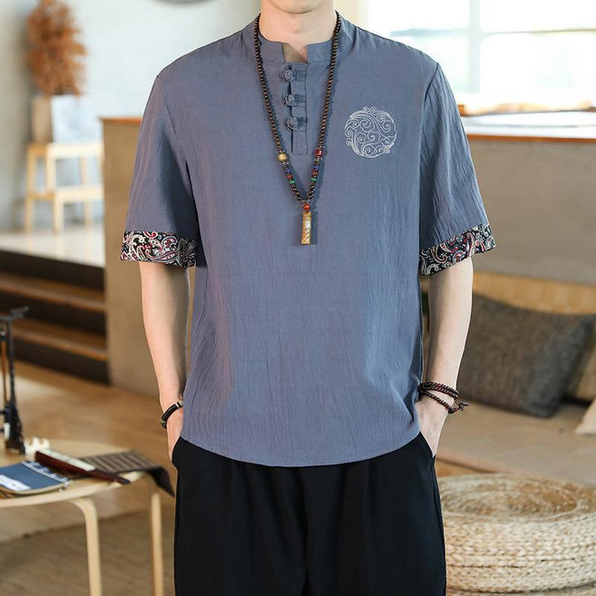 男士短袖襯衫 中國風刺繡盤扣立領棉麻衫, 1個, MY51-灰藍【收藏優先發貨】XL建議120斤-135斤