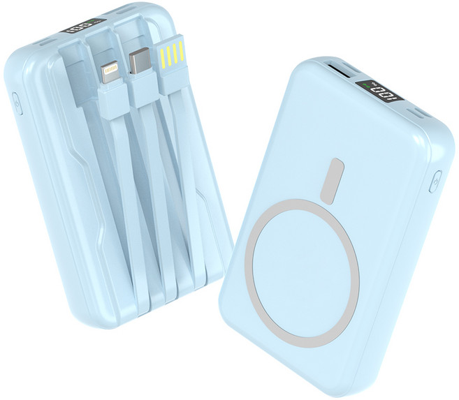 대용량 맥세이프 호환 보조배터리 20000mAh 무선충전 케이블 일체형 LCD 잔량표시, 스카이, 1개