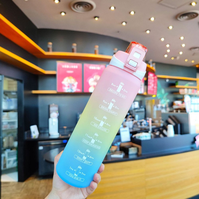 夏季運動水瓶 刻度漸變色磨砂彈跳蓋便攜水壺 1000ml, 粉蓋漸變, 1套