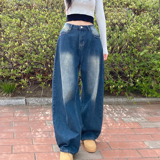 앞핀턱 (2단기장) 빈티지워싱 세미 배기 와이드 데님 루즈핏 청바지