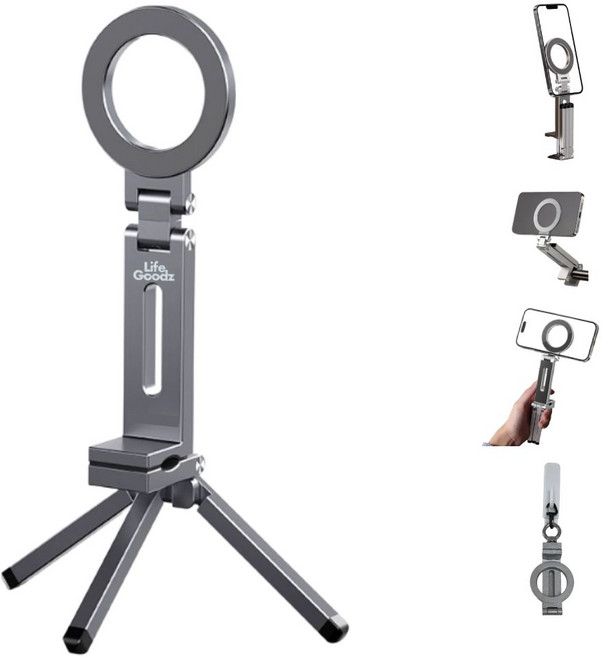 라이프굳즈 맥세이프 거치대 스마트폰 삼각대 360도 휴대용 여행용, 그레이
