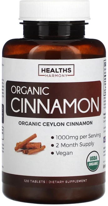 Healths Harmony 유기농 실론 시나몬 1000mg 120정(1정당 500mg), HealthsHarmony유기농실론시나몬1000mg12, 1개, 120정 - 쿠팡