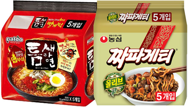 봉지)팔도틈새라면빨계떡 5개 + 봉지)농심짜파게티 5개, 4세트