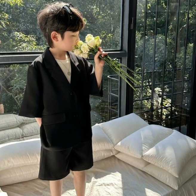 마이슈마켓 아동 남아용 블랙 정장 유아 어린이 아기 여름정장 자켓 반바지 세트 결혼식 하객룩