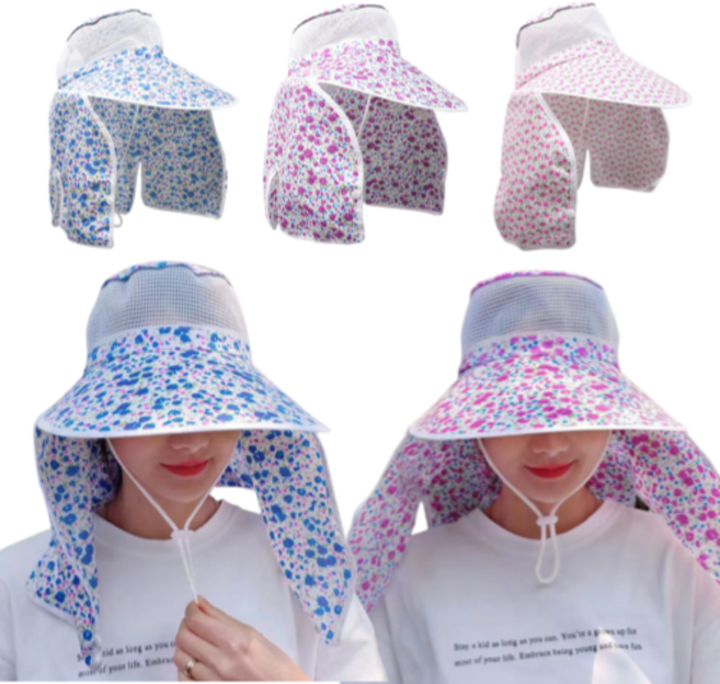 햇빛 차단 꽃무늬 농사 모자 3종세트