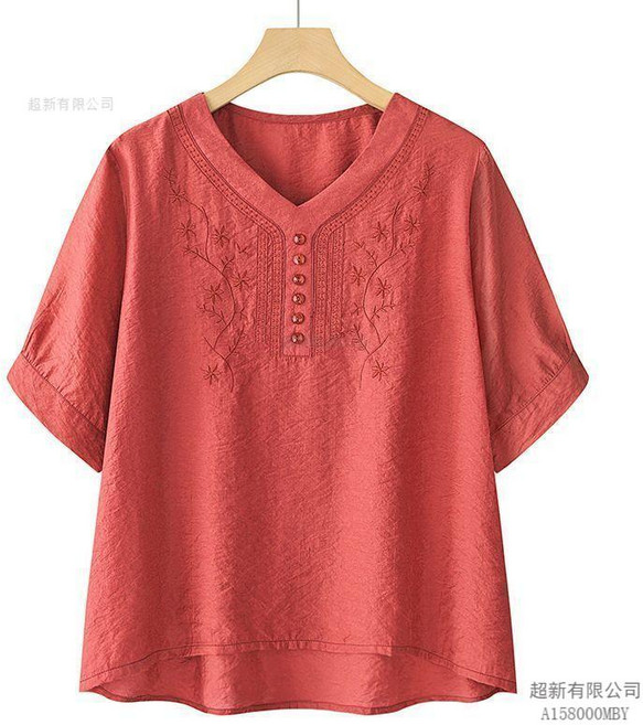 大碼套裝女刺繡短袖T恤 中年媽媽裝兩件套