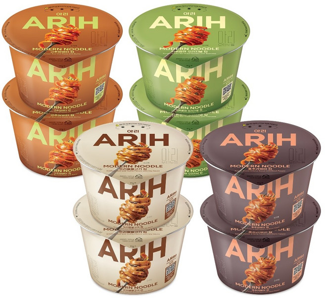 아리 ARIH 모던누들컵라면 4종 (고추장버터x2개+김볶음면x2개+트러플불고기x2개+후추라볶이x2개) 혼합구성, 8개