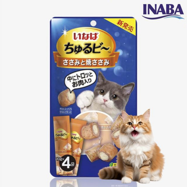 이나바 츄르비 고양이 간식 사료, 혼합맛(닭가슴살/구운 가다랑어), 10g, 4개