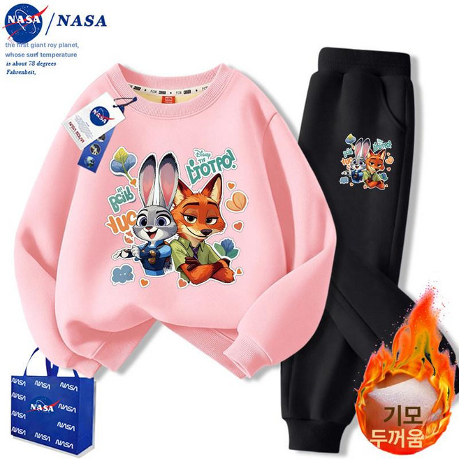 주토피아 맨투맨 티셔츠 주디 추리닝 동물 캐릭터 세트 상하복 기모 바지 겨울, 조합형 핑크+검정 바지