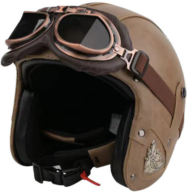 安全認證頭盔電動車機車復古四季皮革摩托車半盔日式踏板DOT認證, 1個, 棕色:L