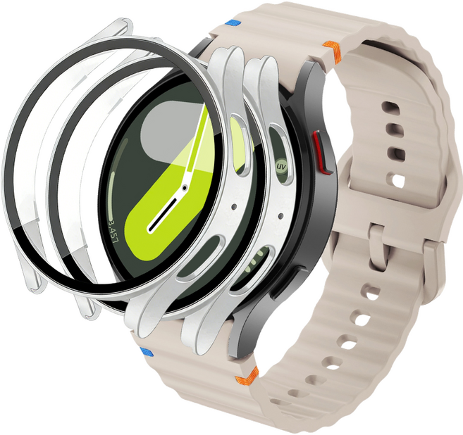 데일리피 갤럭시워치 호환 실리콘 컬러풀한 스티치 스트랩 8/7/6/6클래식/5/5프로/4/4클래식+PC 케이스 2개, 스타라이트/실버