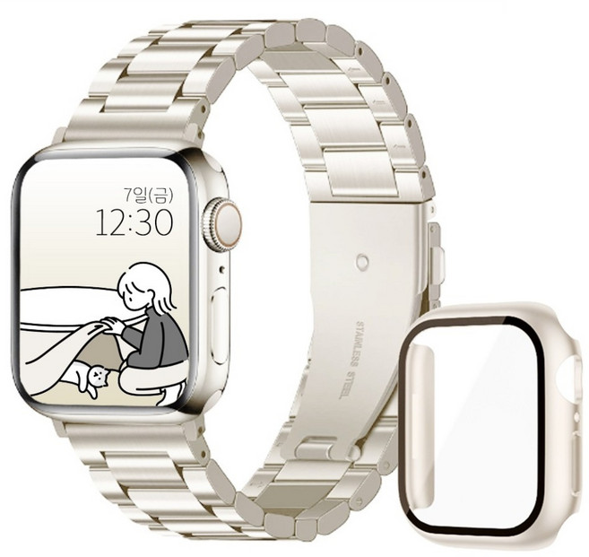 아이비온 애플워치 메탈 스트랩 40 44 + 풀커버 케이스 세트, 스타라이트