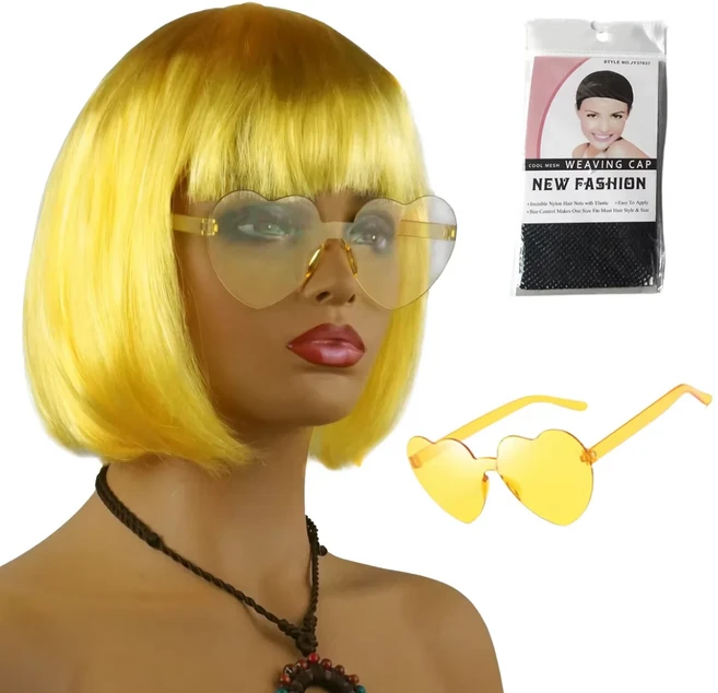 재미있는 파티 할로윈 만우절을 위한 다채로운 보보 짧은 머리 가발 네온 불빛 합성 섬유, 08 yellow