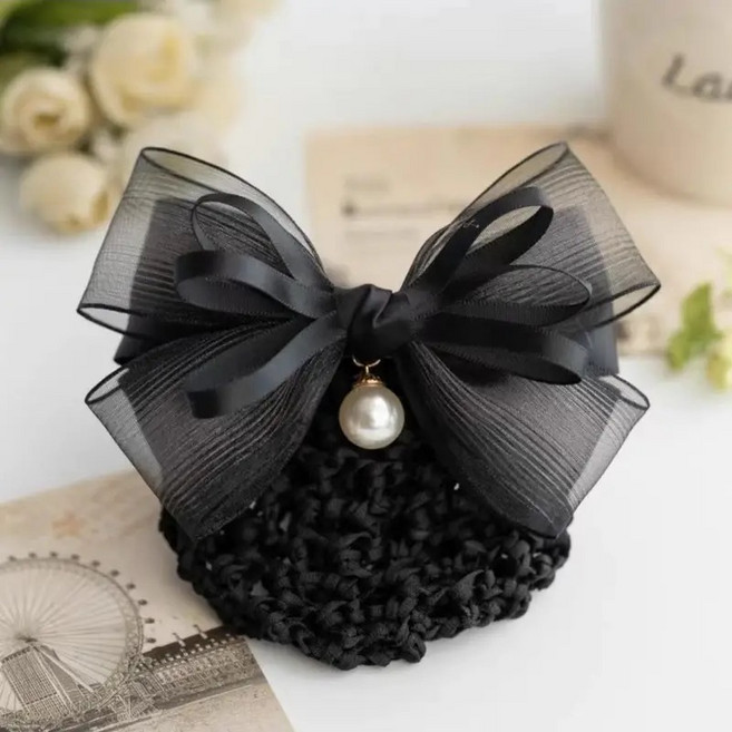 샤샤벨 진주 시폰 리본 헤어망 여성 간호사 망사 리본핀 머리망