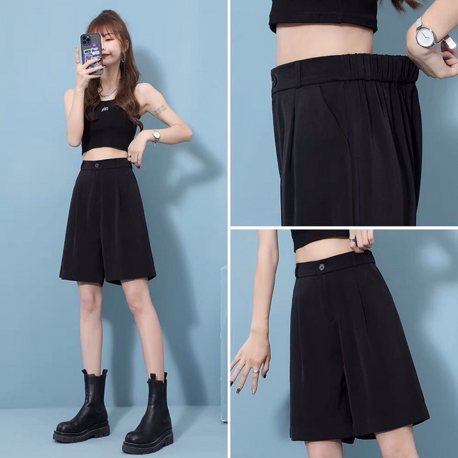黑色垂感西裝短褲女夏休閑五分褲寬松薄款直筒闊腿褲高腰A字中褲
