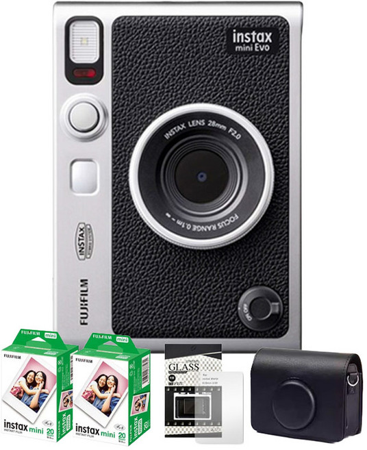 FUJIFILM instax mini EVO 迷你底片相機 (黑) 附40張底片、9H螢幕貼及副廠橫式皮套, 1套