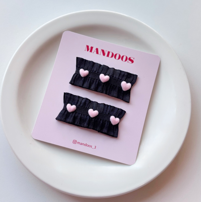 [만두스] 하트 프릴 헤어핀 2P 유아 똑딱핀 러블리 등원핀
